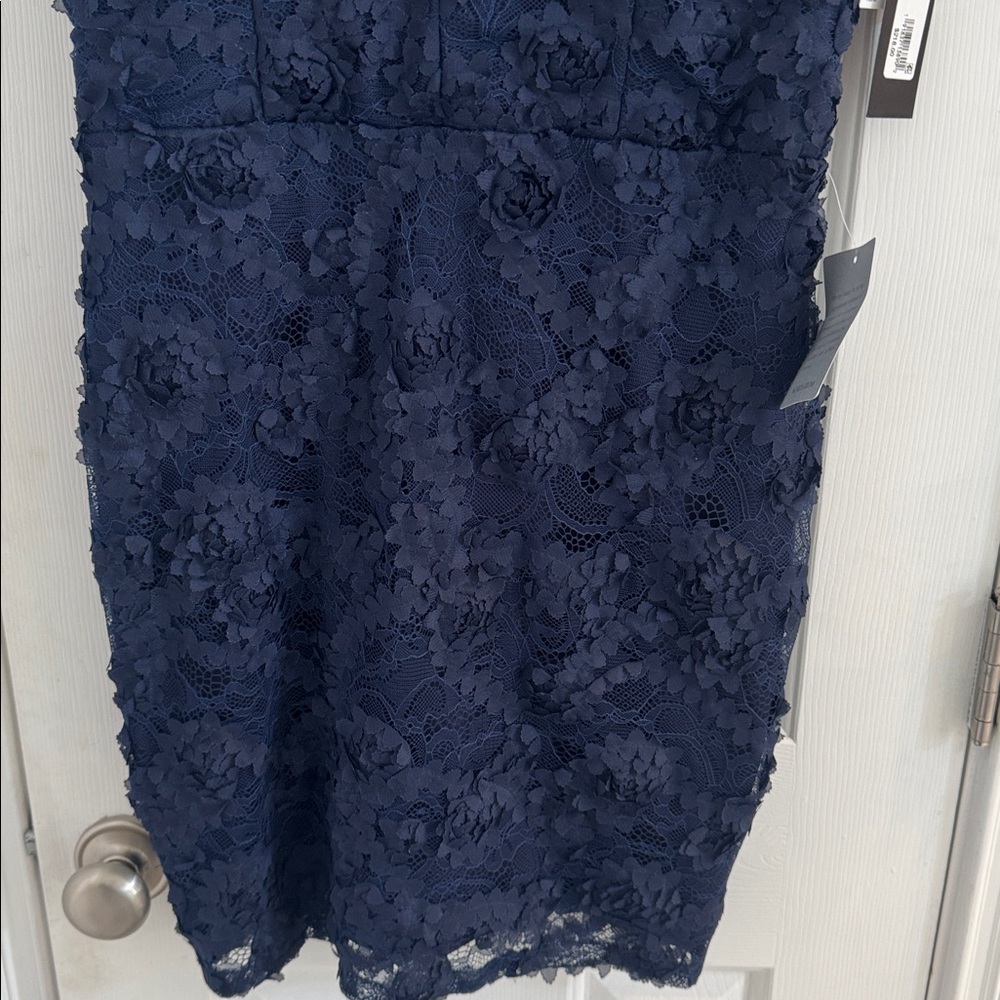 NWT Xscape Navy Lace  Dress w/ Navy Fabric Flowers Throughout - Picture 2 of 13